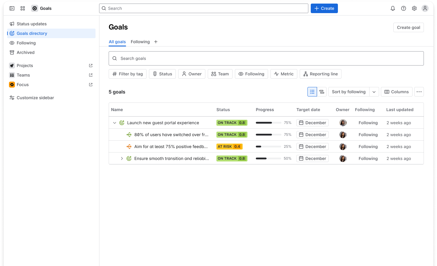 Goals directory page