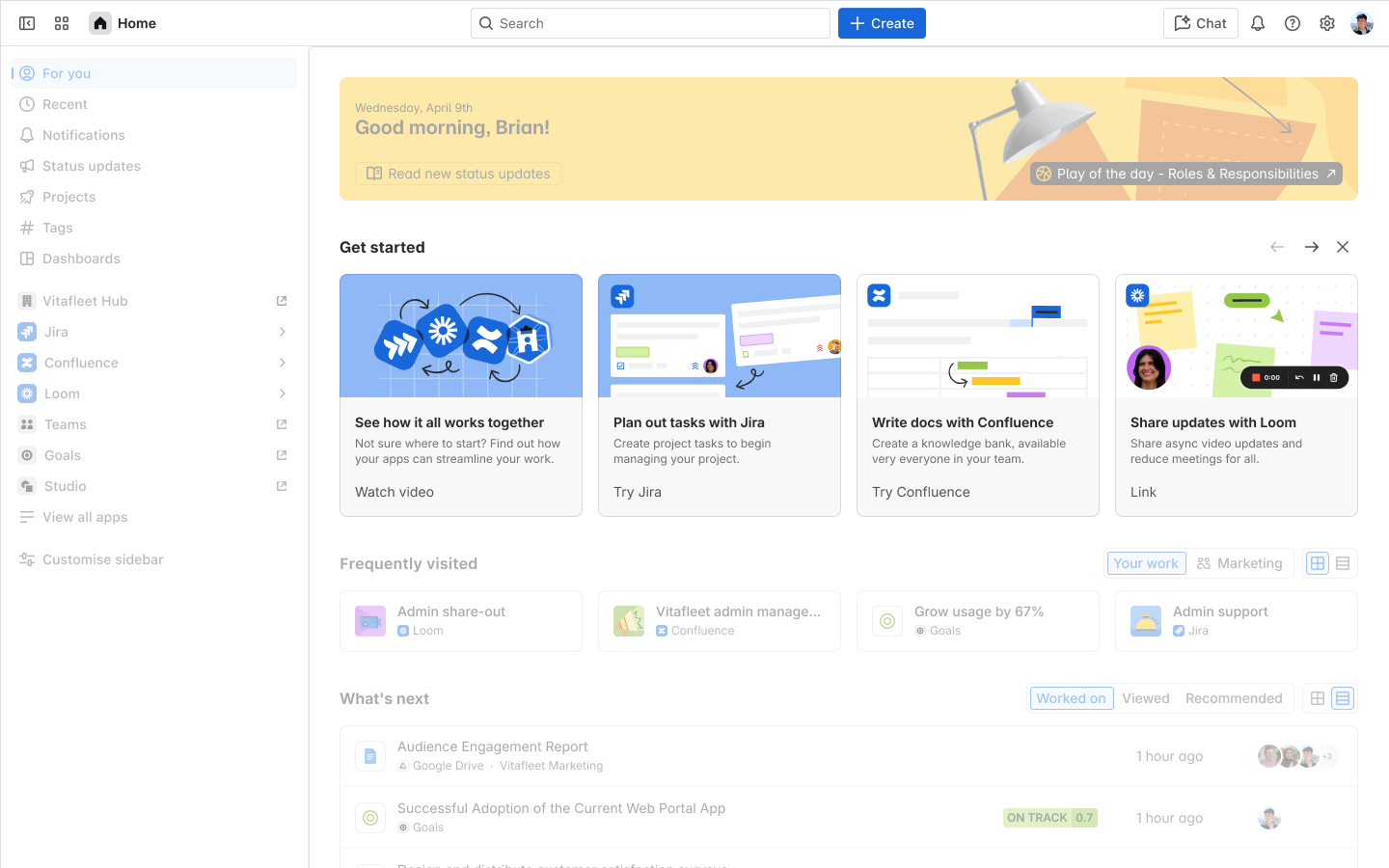Atlassian Home showing the Getting started card carousel highlighted