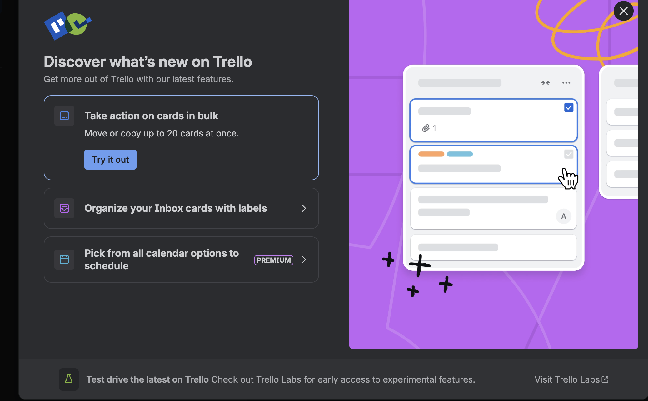 Trello example showing the new modal pattern's scalability